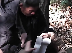 A wilderness outdoors fixed Oriental sex for old person and his gf